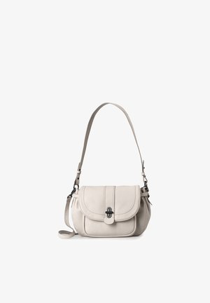 Light beige leather shoulder bag with rounded flap, black twist-lock closure, and adjustable straps on white background.