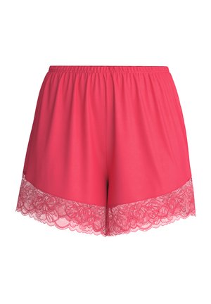 Shorts roses en tissu doux avec une taille élastique et un détail en dentelle délicate à l'ourlet.