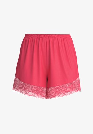 Roze korte broek gemaakt van zachte stof met een elastische tailleband en fijne kantdetails aan de zoom.