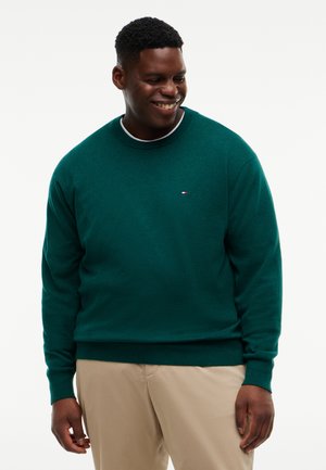 Smilende mand iført en mørkegrøn sweater og beige bukser, der kigger ned og til siden mod en hvid baggrund.
