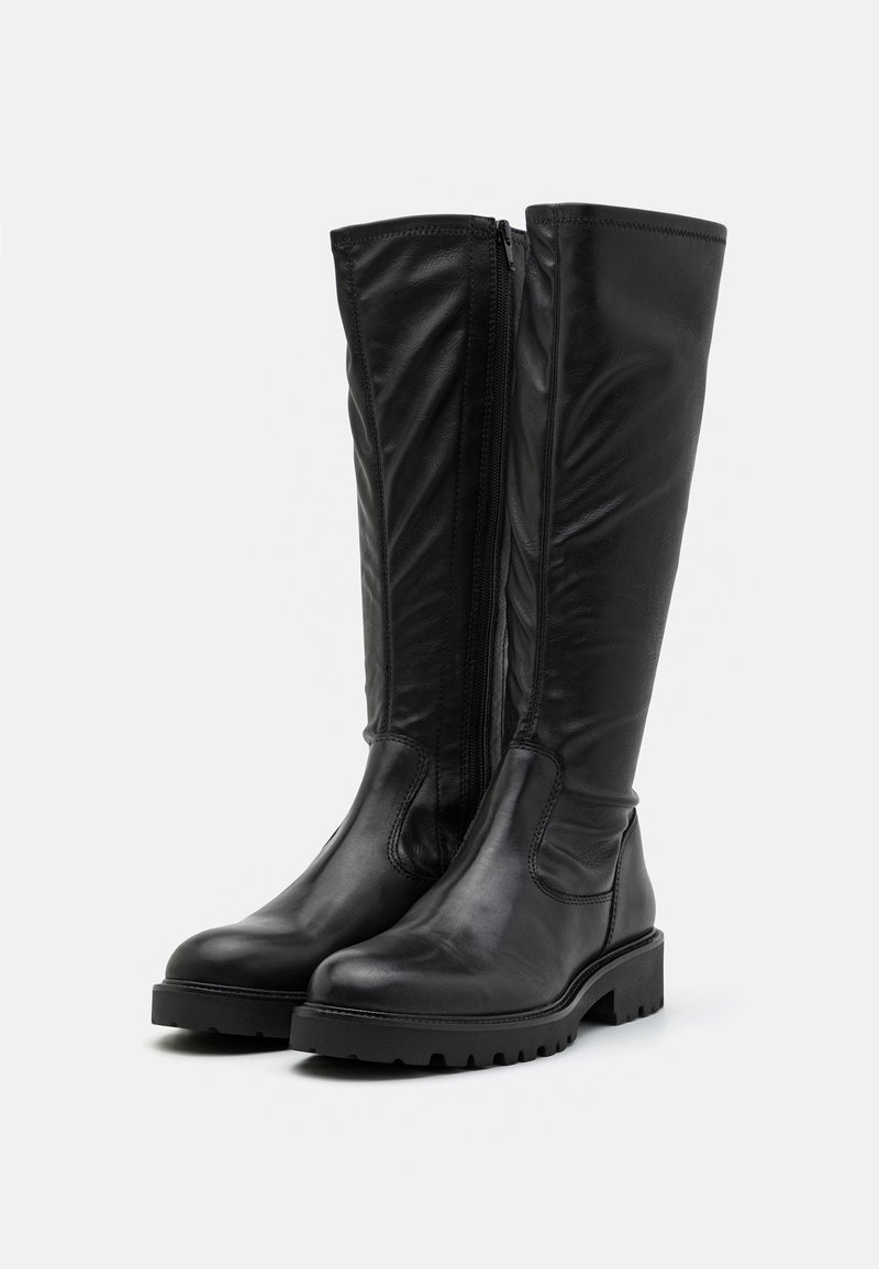 Stivali al ginocchio in pelle nera con una texture liscia, cerniera laterale, suola robusta e punta rinforzata. Design elegante con accenti minimi.