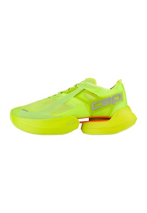 Bright yellow-green running shoe with thick segmented sole, mesh upper, and "cep" branding on side, designed for athletic use.