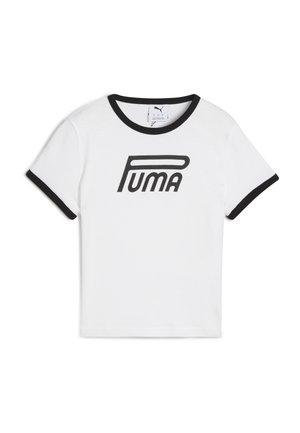 Witte t-shirt met een zwarte ringer kraag en manchetten. Voorzien van een vet zwart "PUMA" logo over de voorkant. Gemaakt van katoen.