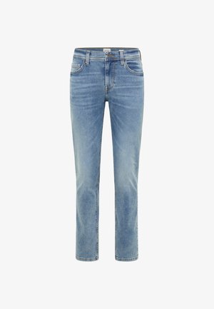 Jeans de mezclilla azul claro con un diseño de pierna recta, cinco bolsillos y un ligero desgaste. Incluyen un cierre de botón y trabillas para cinturón en la cintura.