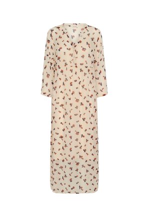 Blomstrende midi-kjole i let, gennemsigtig stof med en beige baggrund, der har små røde og blå blomstermønstre og trekvartærmer.