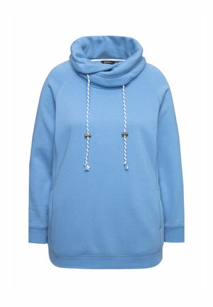 Lyseblå hoodie med skuldre, hvid dekorativ snor med guldfinish og raglanærmer. Blødt stof og afslappet pasform.