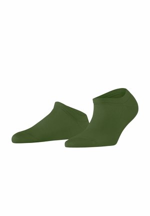 Paar olivgrüne, niedrig geschnittene Knöchelsocken, nebeneinander liegend, mit glattem Stoff und nahtlosem Zehenbereich.