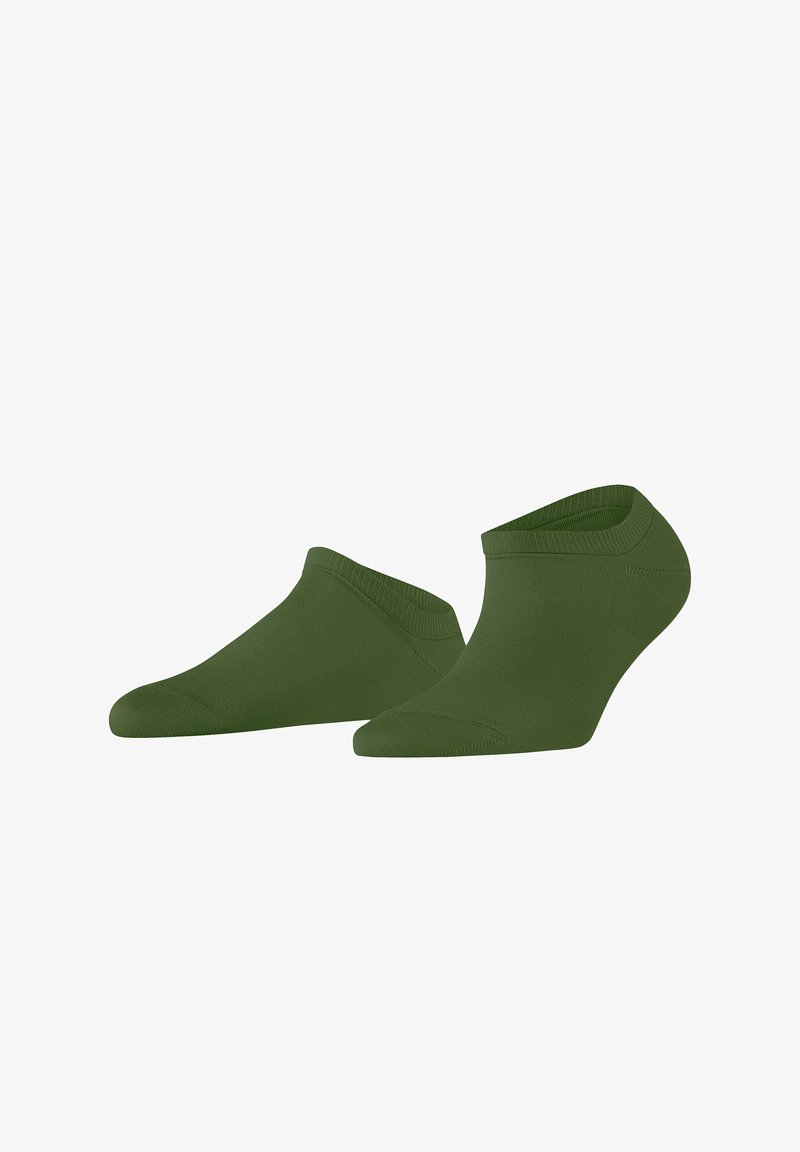 Paire de chaussettes basses couleur vert olive, affichées côte à côte, mettant en valeur un tissu lisse et une conception sans couture au niveau des orteils.