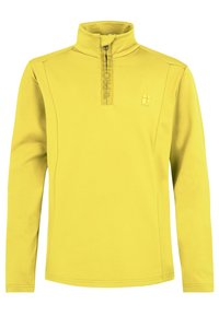 Geel quarter-zip pullover van zacht materiaal, met lange mouwen en een klein logo nabij de hals. Glad oppervlak, minimalistisch ontwerp.