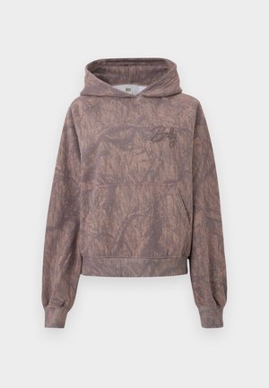 Barna mályvaszínű mintás pulóver kapucnival, elején kenguruzsebbel és a felső mellrészen kis "Bdg" hímzett logóval.