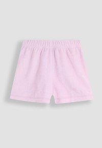 Ljusrosa bomullsshorts med elastisk midjeband, slät textur och inga synliga mönster; klippt i mid-thigh längd.