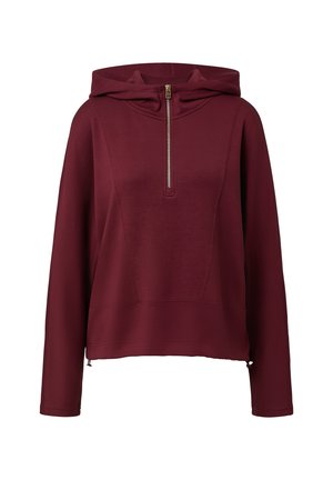 Bordeaux capuchon sweatshirt met een halve rits aan de voorkant, lange mouwen en een ontspannen pasvorm. Soepele stof met naaddetails en een cropped zoom.