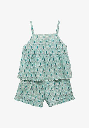 Light blue sleeveless top with layered ruffles and leaf patterns, paired with matching shorts featuring a similar design and scalloped edges.