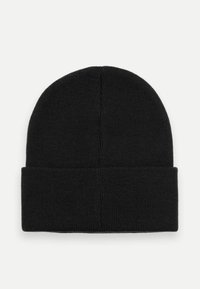 Svart stickad mössa med vik. Slät textur, rund ovansida och vertikala sömmar. Lämplig för kallt väder.