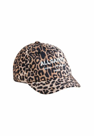 Leopard-print baseball cap in beige and black, featuring white "ALLSAINTS" logo. Made from soft fabric with a curved brim.