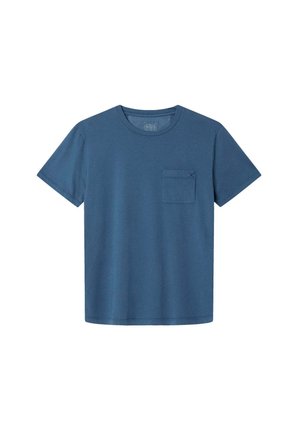 Kurzarm-T-Shirt aus dunkelblauem Baumwollstoff. Mit Rundhalsausschnitt und einer kleinen Brusttasche mit dezentem, geprägtem Design. Glatte Textur.