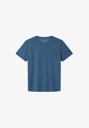 Kurzarm-T-Shirt aus dunkelblauem Baumwollstoff. Mit Rundhalsausschnitt und einer kleinen Brusttasche mit dezentem, geprägtem Design. Glatte Textur.