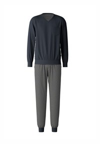Set di abbigliamento da casa in due pezzi, composto da una maglietta a maniche lunghe blu scuro con tasca e pantaloni con un design geometrico in blu, giallo e bianco.