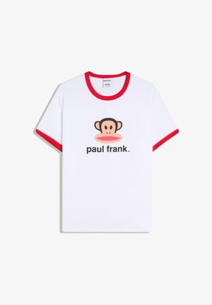 Biele tričko s krátkym rukávom, červeným golierom a lemami rukávov, s kreslenou tvárou opice a nápisom „paul frank“ na prednej strane.
