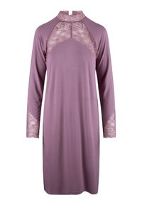 Robe à manches longues ornée de dentelle, en lavande douce. Col montant avec empiècements en dentelle aux épaules et aux poignets, texture de tissu lisse.