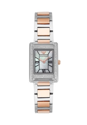Rectangular stainless steel watch with a mother-of-pearl dial, rose gold accents, and a crystal bezel. Silver and rose gold metal bracelet band.