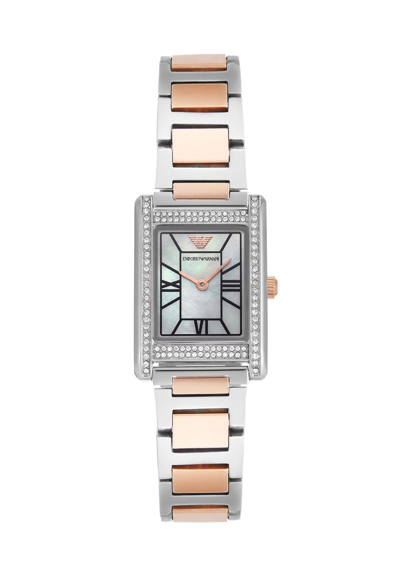 Reloj rectangular de acero inoxidable con esfera de nácar, acentos en oro rosa y bisel de cristal. Pulsera metálica de color plata y oro rosa.