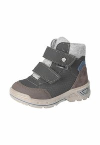 Sort og grå høj-top børnesko lavet af syntetisk og filt materiale, med tre velcro stropper, teksturerede detaljer og gummisål.