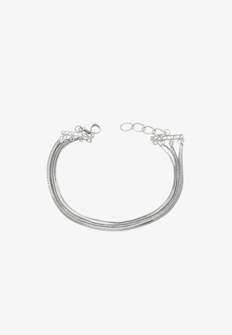 Bracciale in argento con più fili caratterizzati da una superficie liscia e metallica, dotato di chiusura a moschettone. Lunghezza regolabile con anelli della catena.