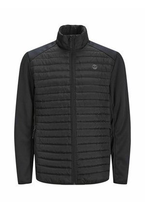 Black jacket with a zippered front, featuring quilted panels on the torso and smooth fabric sleeves. High collar and logo on the chest.