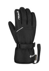 Schwarze isolierte Handschuhe mit einer wasserdichten Gore-Tex-Schicht, ausgestattet mit einem Verschlussriemen und weißen Logo-Akzenten. Entworfen für die Verwendung bei kaltem Wetter.
