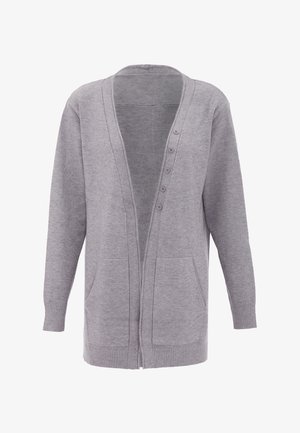 Grå cardigan med V-hals, åben front, fire knapper, ribbede manchetter og kant, samt to frontlommer. Fremstillet af et blødt strikmateriale.
