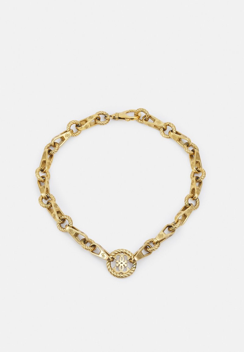 Bracelet chaîne en or avec des maillons alternés en corde torsadée et rectangulaires, muni d'un fermoir rond avec un emblème décoratif.