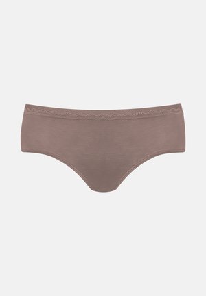 Bikini underwear in a soft brown hue, featuring a smooth fabric, a mid-rise cut, and a delicate scalloped lace trim along the waistband.