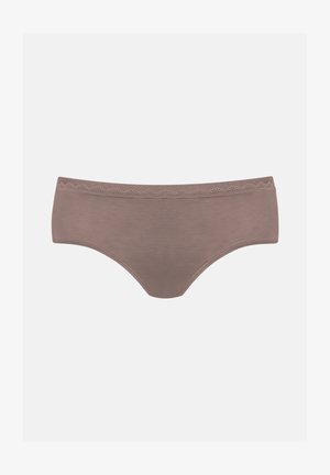 Bikini-alusvaatteet pehmeässä ruskeassa sävyssä, joissa on sileä materiaali, keskikorkea leikkaus ja hienovarainen aallotettu pitsireunus vyötäröllä.