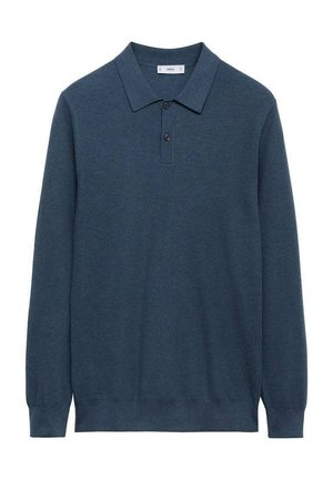 Marineblaues Langarm-Poloshirt aus strukturiertem Stoff, mit klassischem Kragen, Drei-Knopf-Leiste und gerippten Bündchen.