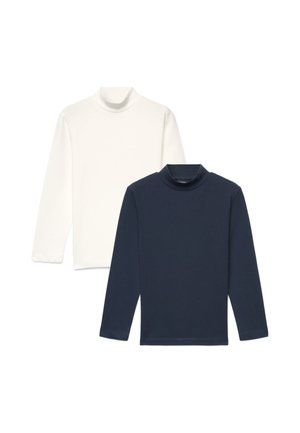 Due maglie a collo alto a maniche lunghe, una bianca e una blu scuro, esposte su uno sfondo bianco semplice.