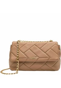Borsa a tracolla in pelle beige trapuntata con tracolla in catena dorata e pattina pieghevole. Presenta un dettaglio del logo sul davanti.