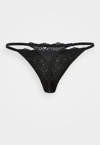 Zwarte kanten string met bloemmotieven en dunne elastische tailleband op een neutrale achtergrond, vooraanzicht.
