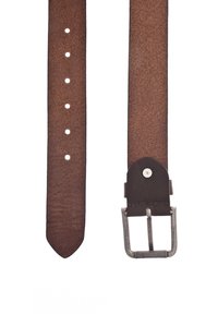 Brauner Leder-Gürtel mit strukturiertem Finish, fünf Einstelllöchern und einer silbernen Metallschnalle mit strukturiertem Rand.