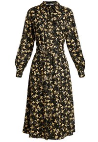 Musta kukallinen mekko vyöllä, jossa on keltaisia ja valkoisia kukkakuoseja, napitettava etuosa ja pitkät hihat, joissa on hihansuut.