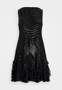 Μαύρο strapless φόρεμα με λεπτομέρειες από παγιέτες. Στενή εφαρμογή στο μπούστο με σχέδια ζιγκ-ζαγκ και φούστα με ρίγες. Λείος υφή, μήκος έως το γόνατο.