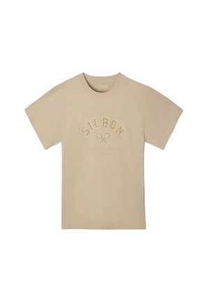 Camiseta de manga corta beige con "SILBON" y un logo de una raqueta de tenis bordado en el centro del frente.