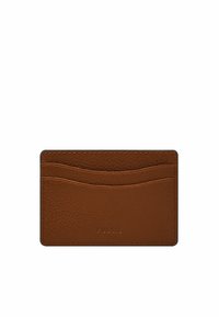 Brown leather card holder with a textured finish, featuring four card slots and a debossed logo on the front. Compact and rectangular design.