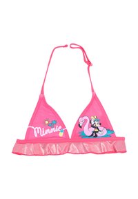 Top de bikini triangular rosa con volantes de malla, que presenta un diseño gráfico de un personaje sobre un flamenco y el texto "Minnie" con acentos tropicales.