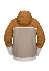 Vattentålig jacka med brunt huva, beige kropp och vita detaljer. Har en praktisk design med sidofickor och justerbara ärmslut.