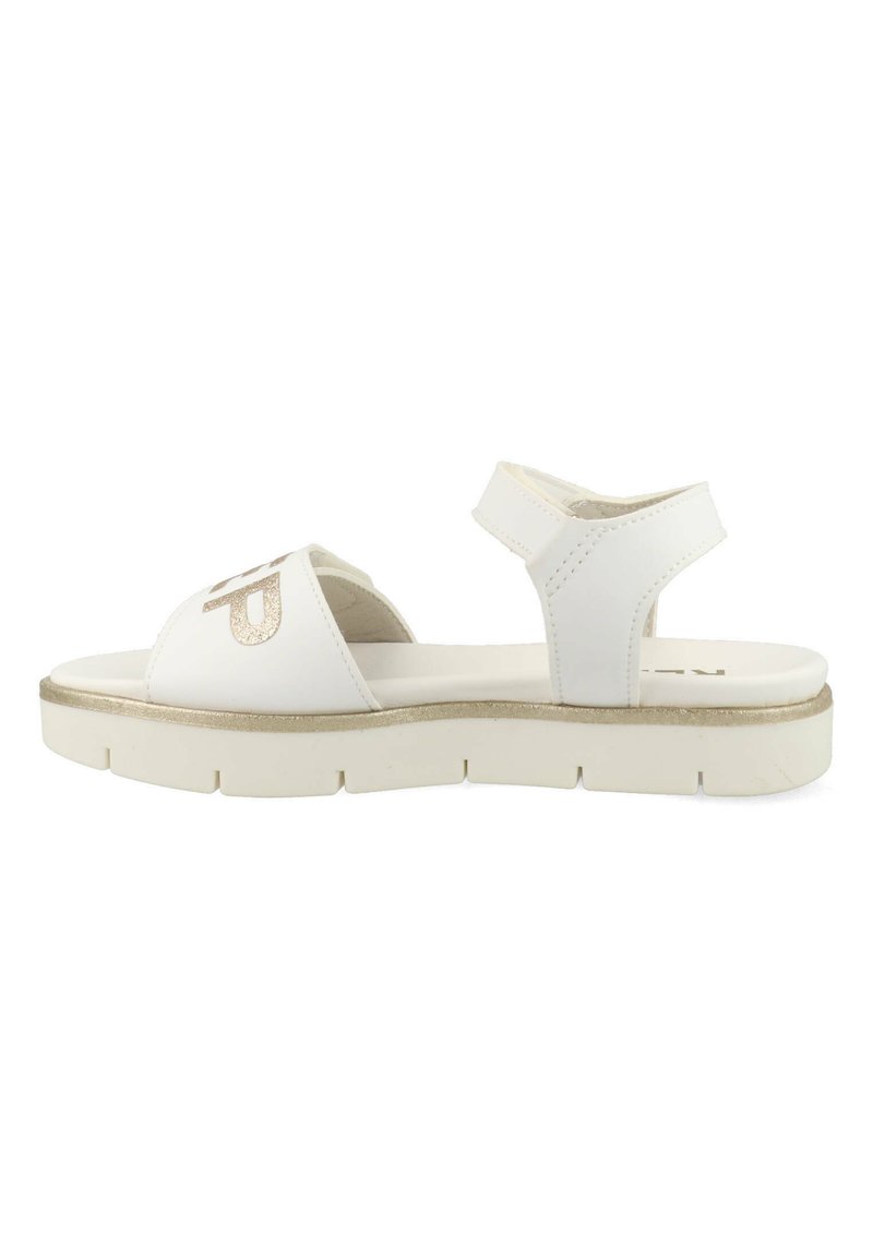 Witte sandalen met een gestructureerde gouden accent, open teen ontwerp, verstelbare achterriem en een dikke, gevoerde zool voor comfort.