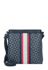 Marineblaues Schultertasche mit geometrischem Muster in strukturierter Form, ausgestattet mit rot-weißen vertikalen Streifen, silbernen Beschlägen und einem verstellbaren Tragegurt.