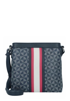 Sac à épaule à motif géométrique navy avec une forme structurée, présentant des rayures verticales rouges et blanches, du quincaillerie argentée et une bandoulière réglable.