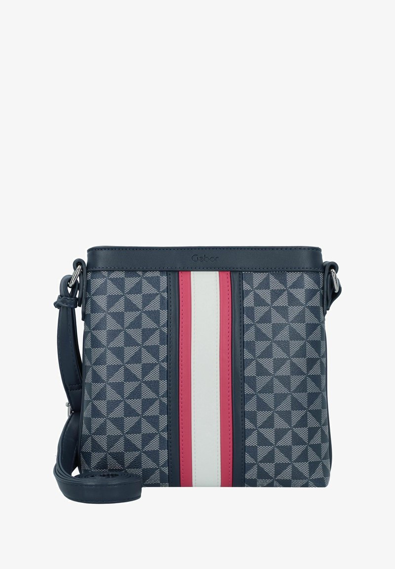 Marineblaues Schultertasche mit geometrischem Muster in strukturierter Form, ausgestattet mit rot-weißen vertikalen Streifen, silbernen Beschlägen und einem verstellbaren Tragegurt.