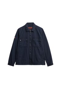 Navy zip-up jacket made of lightweight fabric with a collared neck, two chest pockets, and elasticized cuffs. Superdry logo on label.